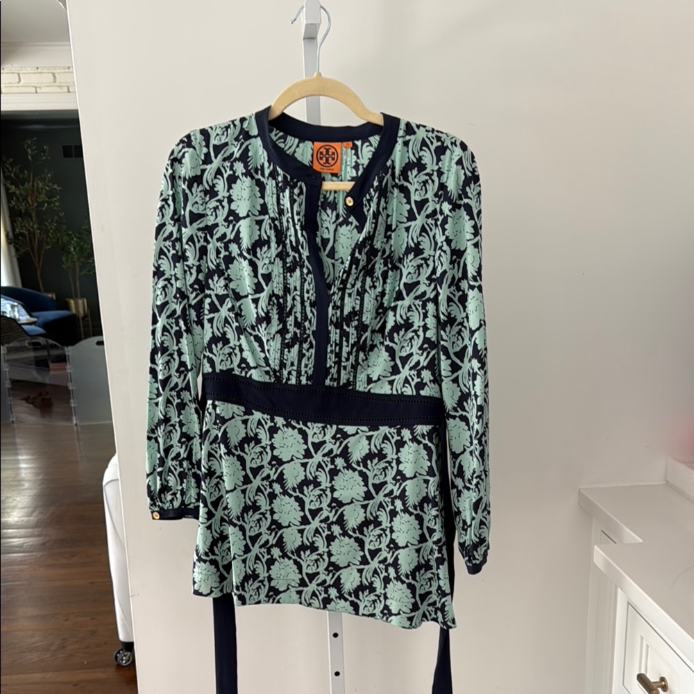 Tory Burch Mint and Navy Floral Long-Sleeve Tunic